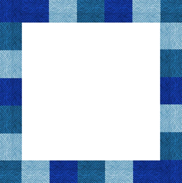 a blue and white checkered table cloth with a black square in the middle, a digital rendering, by Gusukuma Seihō, digital art, denim, ornate border frame, a colorful, with a black background