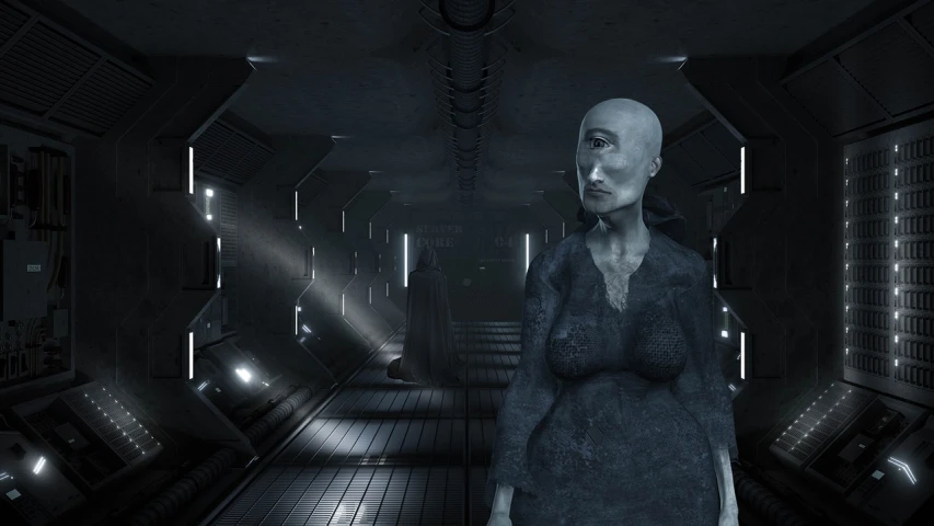 a woman that is standing in a room, a 3D render, inspired by H. R. Giger, cg society contest winner, on a space station, alien grey, scp-049, tired and haunted expression