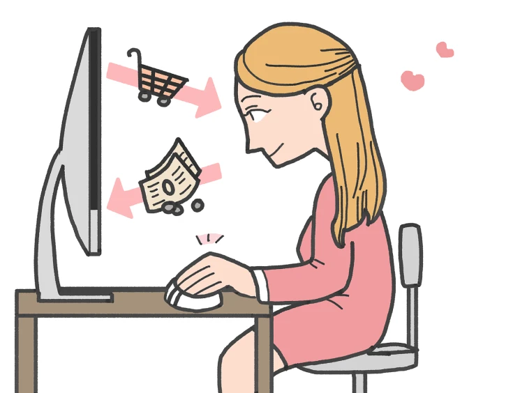 a woman sitting at a desk in front of a computer, an illustration of, at checkout, loving stare, money, line - art