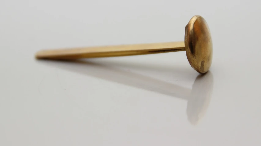 a close up of a metal object on a table, inspired by Méret Oppenheim, flickr, modernism, gold jewerly, single long stick, egg, bottom - view