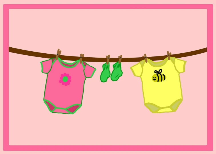 three baby clothes hanging on a clothes line, a digital rendering, color vector, pink bees, yellow and olive color scheme, attire: bikini