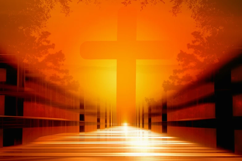 a cross that is in the middle of a hallway, by Jon Coffelt, shutterstock, digital art, orange sunset, golden heavenly lights, on the path to enlightenment, vibrant orange background