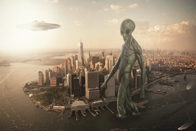 a statue of an alien standing on top of a body of water, a detailed matte painting, shutterstock, attacking nyc, flying saucer, grey alien, seen from earth