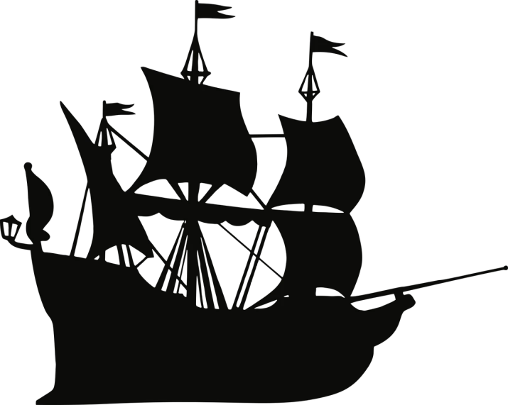 a black and white silhouette of a pirate ship, a digital rendering, by Robert Bryden, dark. no text, background image, zoomed out to show entire image, coloured