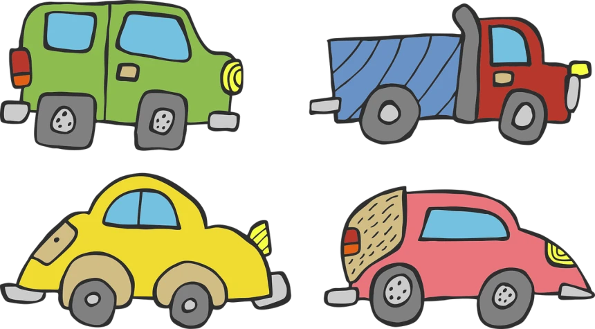four different colored cars on a black background, concept art, pixabay, mingei, ( ( ( ( ( garbage truck, colored woodcut, bumper cars, cartoonish cute