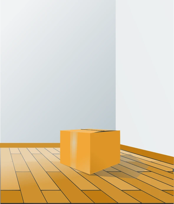 a yellow box sitting on top of a wooden floor, a minimalist painting, dribble, minimalist vector art, claustrophobic room, orange color, angle view