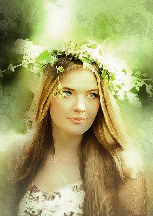 a woman with a flower crown on her head, a digital painting, by Hristofor Zhefarovich, pixabay contest winner, light green tone beautiful face, beautiful nordic woman, persephone in spring, very realistic painting effect