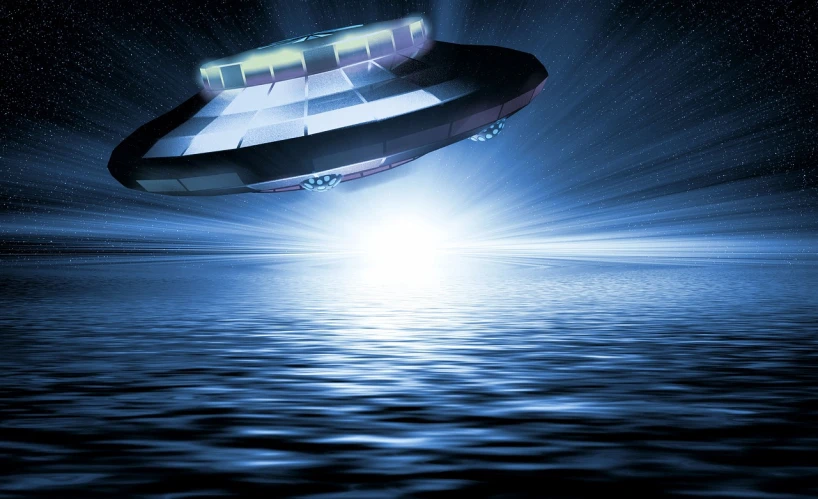 a spaceship flying over a body of water, a digital rendering, retrofuturism, unpublished photo of ufo, high res photo