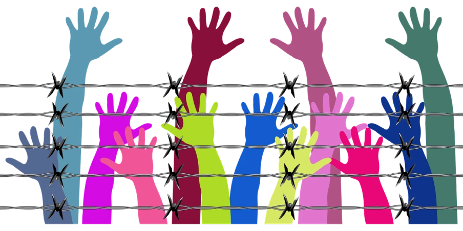 a group of hands sticking out of a barbed wire fence, a digital rendering, technicolor!!!, with a black background, colorful!, cutout