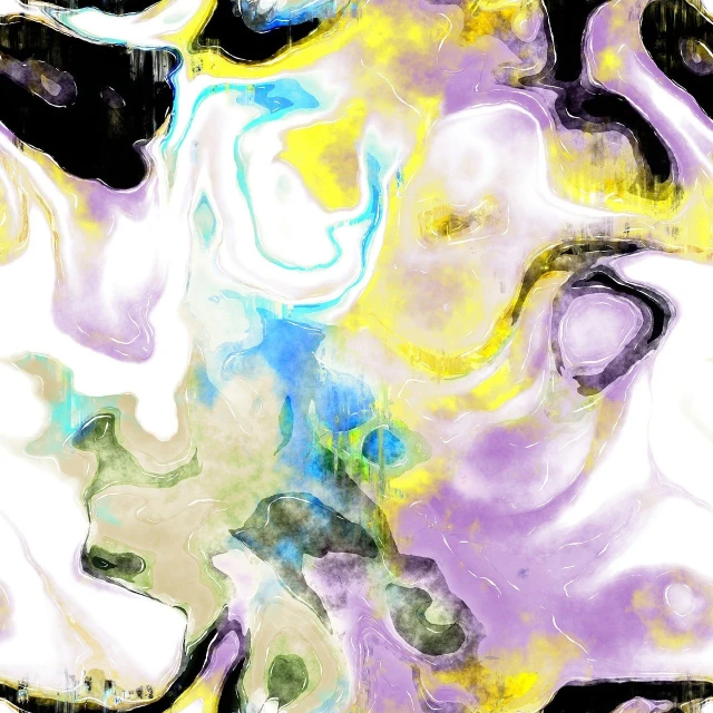 a close up of a painting of a woman's face, a digital painting, inspired by Sigmar Polke, generative art, fractal pattern background, yellow purple, marble texture, black fluid simulation