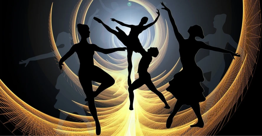 a group of people that are standing in the air, digital art, by Béla Kondor, trending on pixabay, digital art, ballet, twinkling and spiral nubela, silhouettes, tubes