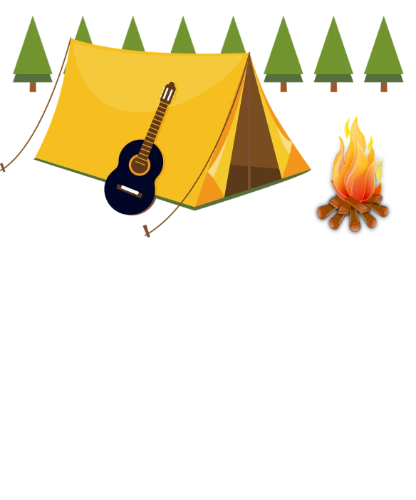 a yellow tent with a guitar next to a campfire, an illustration of, black flat background, complex background, forested background, without text