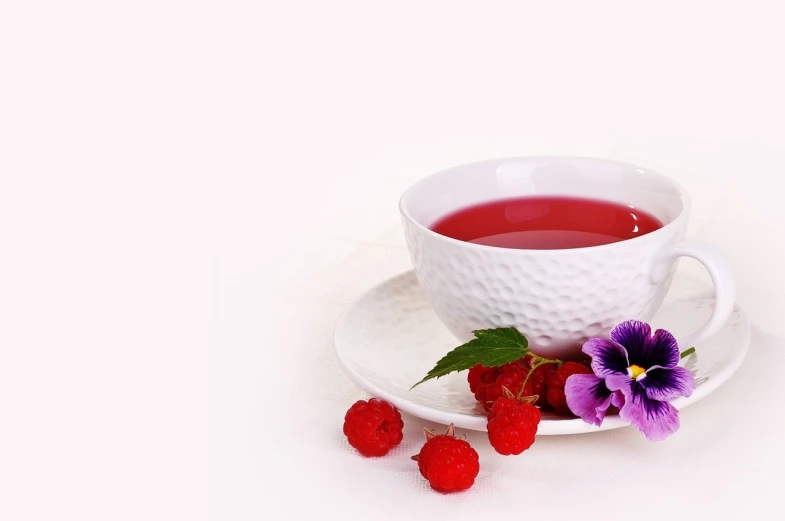 a cup of tea and some raspberries on a saucer, a digital rendering, by Rhea Carmi, pixabay, fruit and flowers, banner, the background is white, background image