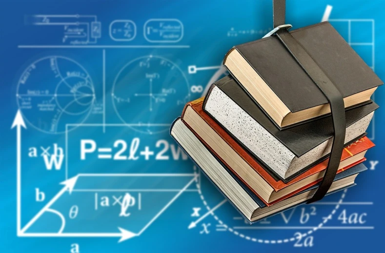 a stack of books sitting on top of each other, a digital rendering, academic art, math equations in the background, photostock, bottom angle, teacher