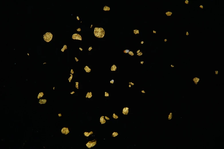 a bunch of pieces of gold on a black background, a microscopic photo, incoherents, sparse floating particles, 35 mm product photo”