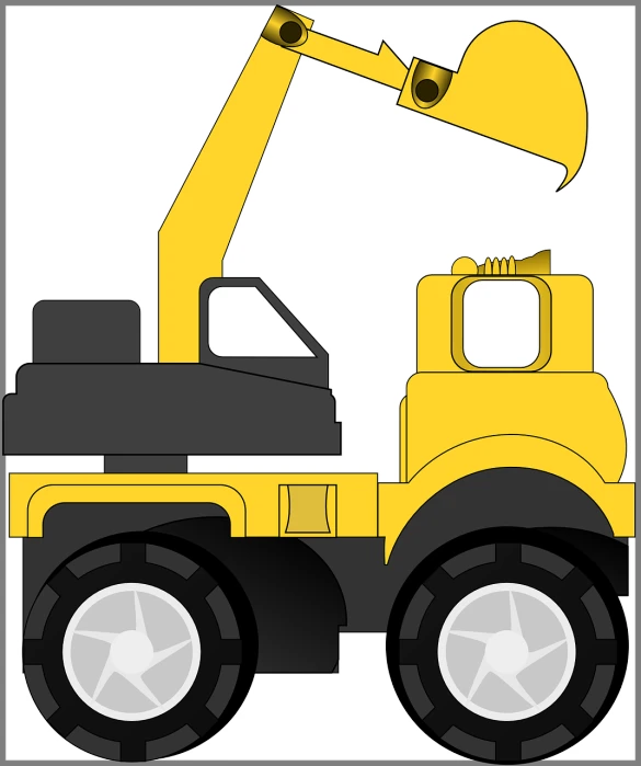 a yellow truck with a crane on top of it, vector art, pixabay, constructivism, children\'s illustration, yellow and black trim, deck, big shovel