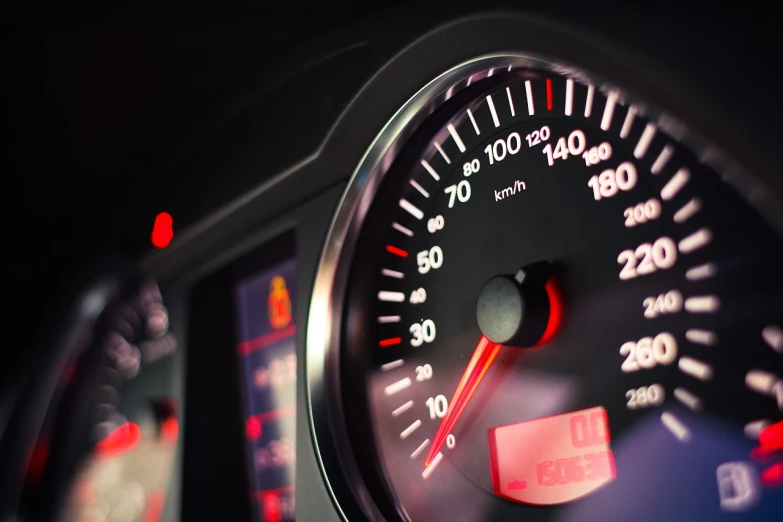 a close up of a speedometer in a car, istock, full view of a sport car, benjamin vnuk, red rim light