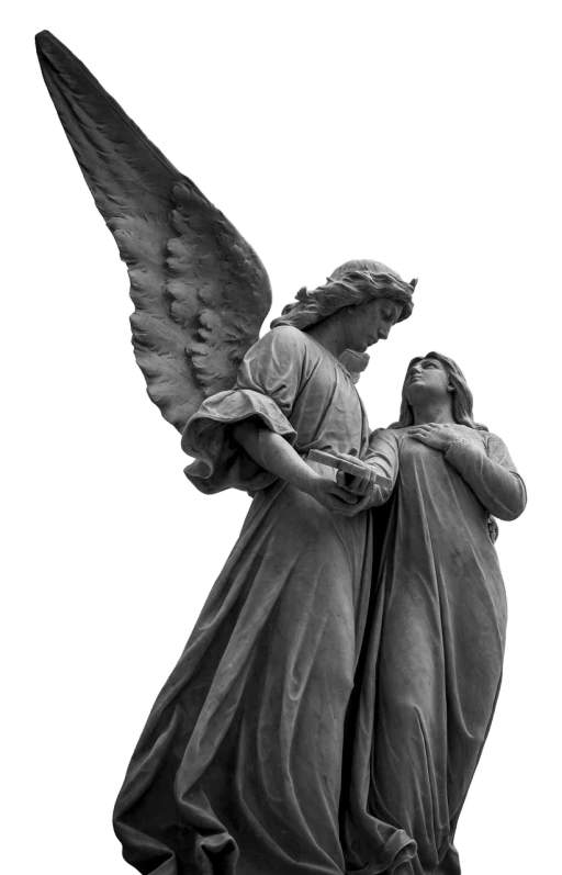 a couple of statues standing next to each other, by Achille Leonardi, pixabay contest winner, fine art, portrait of a beautiful angel, with a black background, pointing to heaven, black and white color photograph