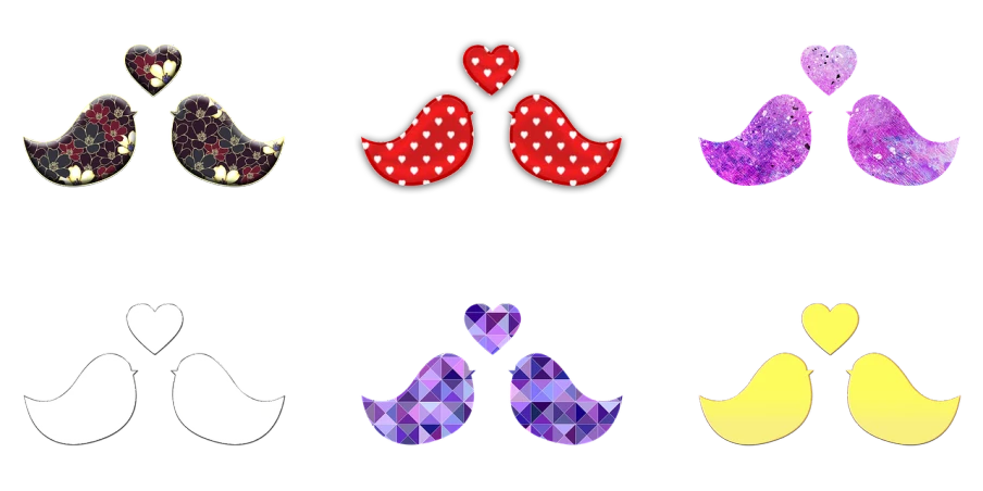 a set of four pairs of earrings on a black background, digital art, by Muggur, tumblr, digital art, moustache, purple and red colors, high quality screenshot, polka dot