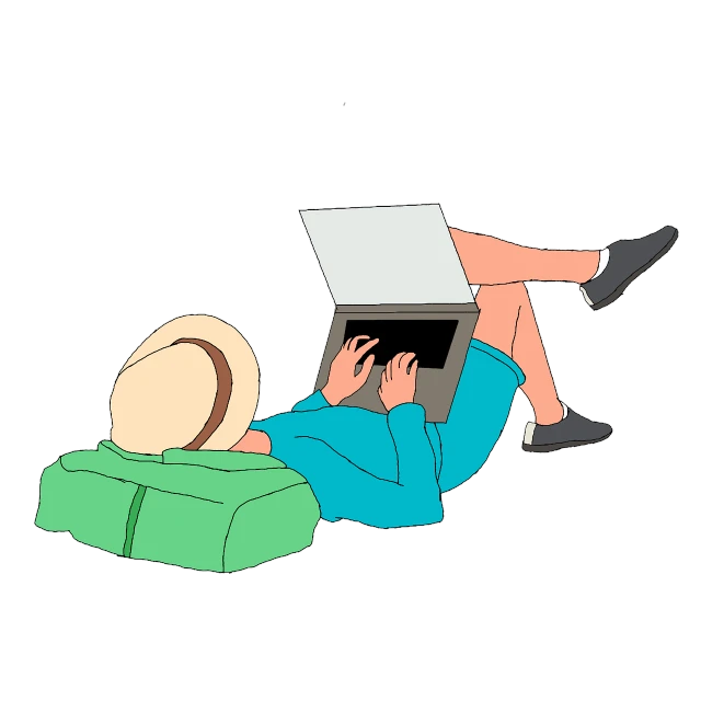 a person laying down with a laptop on their lap, by Odhise Paskali, pixabay, computer art, tourist, on a flat color black background, girl, traveling clothes