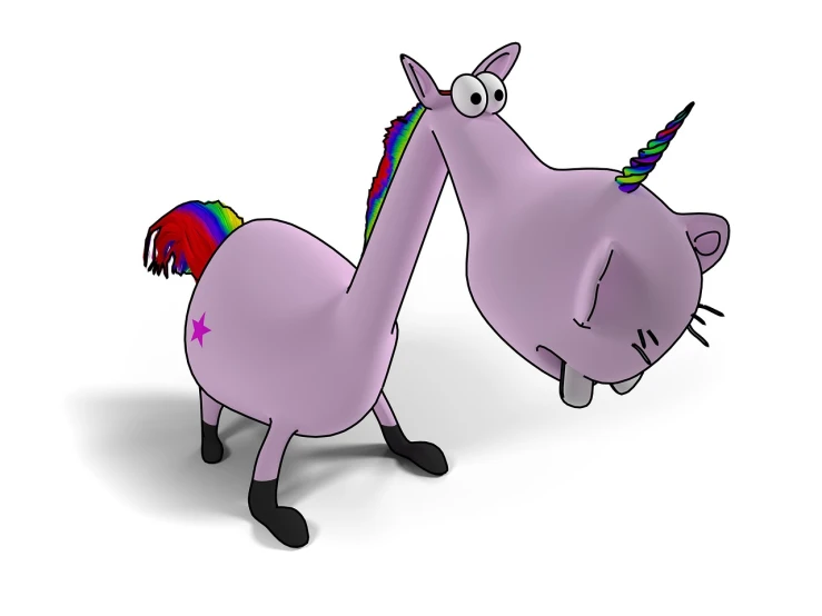 a drawing of a purple horse with a rainbow mane, a raytraced image, by Harold Elliott, incoherents, kawaii playful pose of a dancer, conjoined twins, rendered on unreal 3 d, funny picture