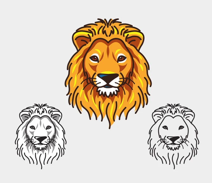 a couple of lions sitting next to each other, vector art, shutterstock, game characters head designs, on clear background, three animals, 2 d vector logo