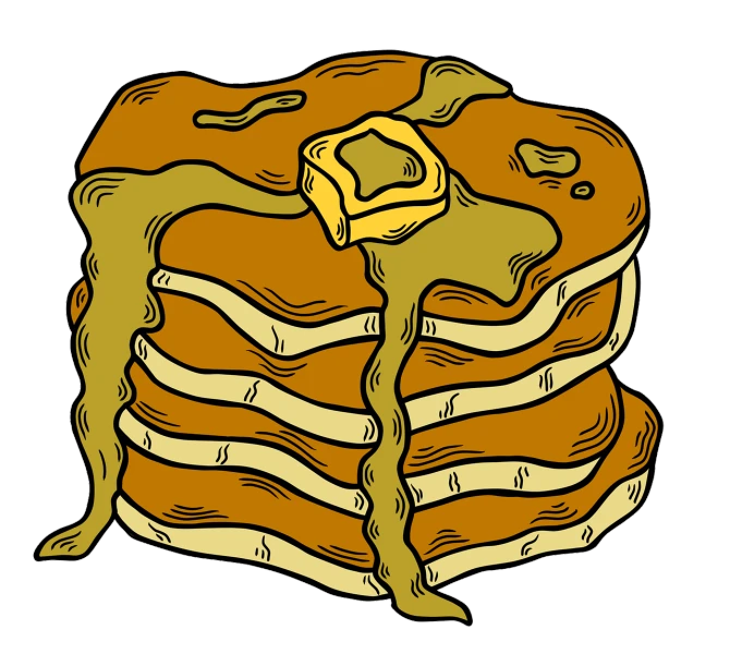 a stack of pancakes sitting on top of each other, an illustration of, high contrast illustration, full color illustration, on a black background, rip