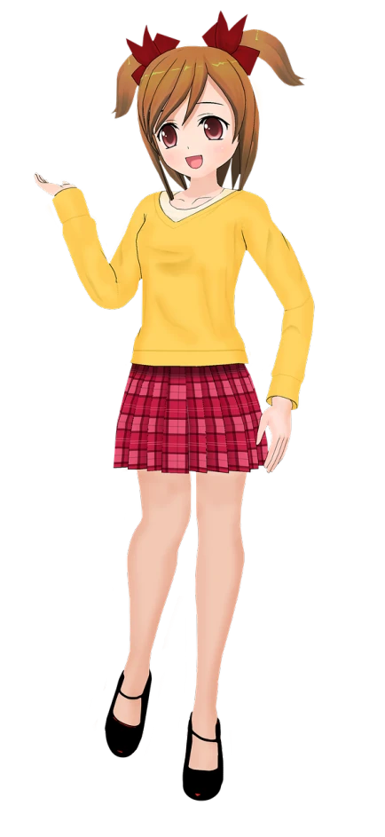 a girl in a yellow sweater and red plaid skirt, inspired by Un'ichi Hiratsuka, digital art, full body!!!!!!, betty cooper, modeled in poser, erza scarlet as a real person