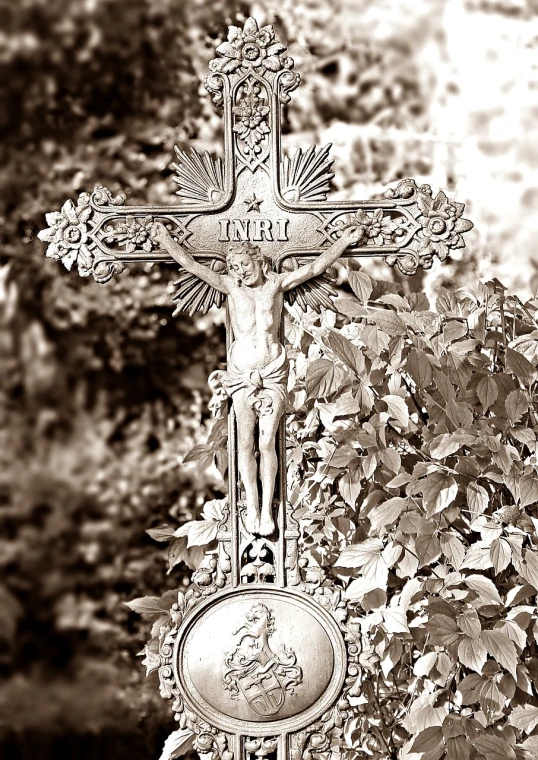 a black and white photo of a cross with jesus on it, a photo, by Arthur Sarkissian, fine art, highly detailed image, lush surroundings, silver, vienna