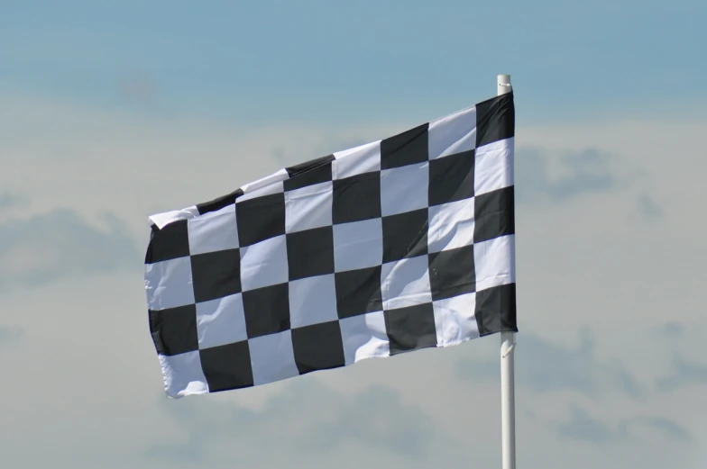 a black and white checkered flag flying in the sky, a picture, by Hans Schwarz, pixabay, at racer track, wikimedia commons, standing straight, barbara canepa