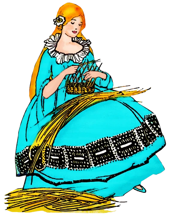 a drawing of a woman in a blue dress, a digital rendering, inspired by Dorothy Johnstone, folk art, gilt-leaf winnower, with a black background, high contrast illustration, straw