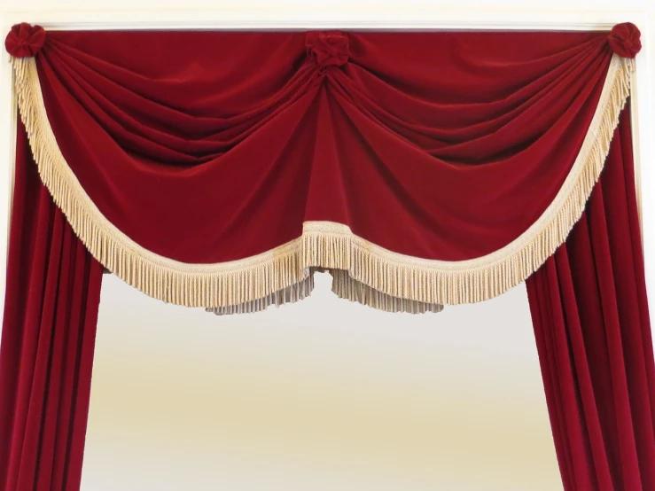 a red curtain with fringes hanging from it, inspired by Balázs Diószegi, baroque, frill, presidential, commercial banner, sconces