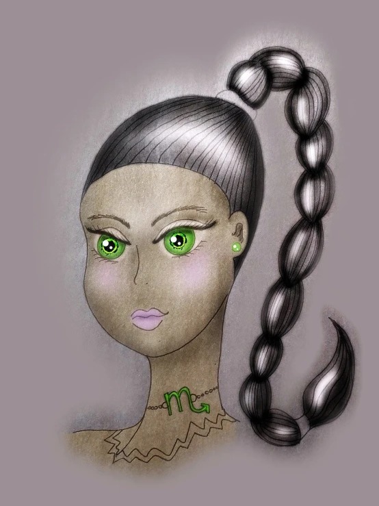 a drawing of a woman with green eyes, a digital rendering, inspired by Edo Murtić, girl silver ponytail hair, zodiac libra sign, very stylized character design, marischa becker