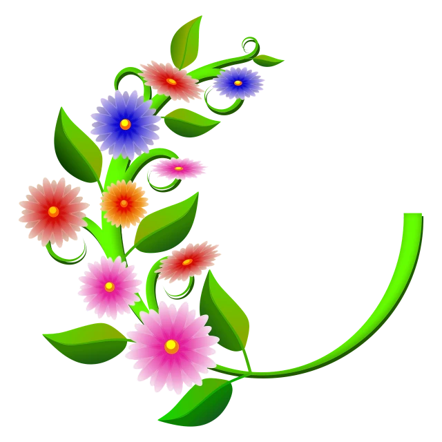 a bunch of colorful flowers on a black background, a digital rendering, sōsaku hanga, in laurel wreath, svg illustration, daisy, smooth curvilinear design