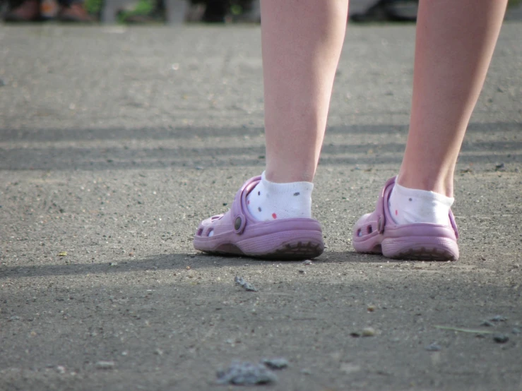 a close up of a person wearing pink shoes, a picture, by Jan Rustem, childhood friend, white and purple, ground view shot, summer morning