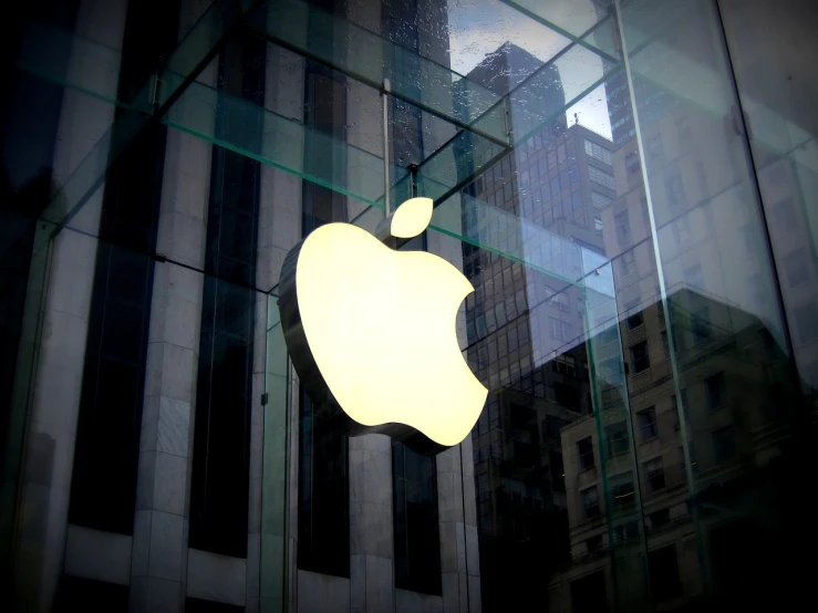 a close up of an apple logo in a glass box, a picture, by Douglas Shuler, wikipedia, blog-photo, manhattan, door