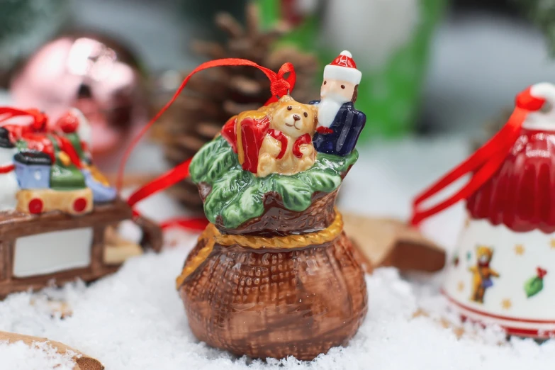 a couple of figurines sitting on top of a snow covered ground, inspired by Ernest William Christmas, tiny cat riding a labrador, decorated ornaments, 🐝👗👾, detailed image