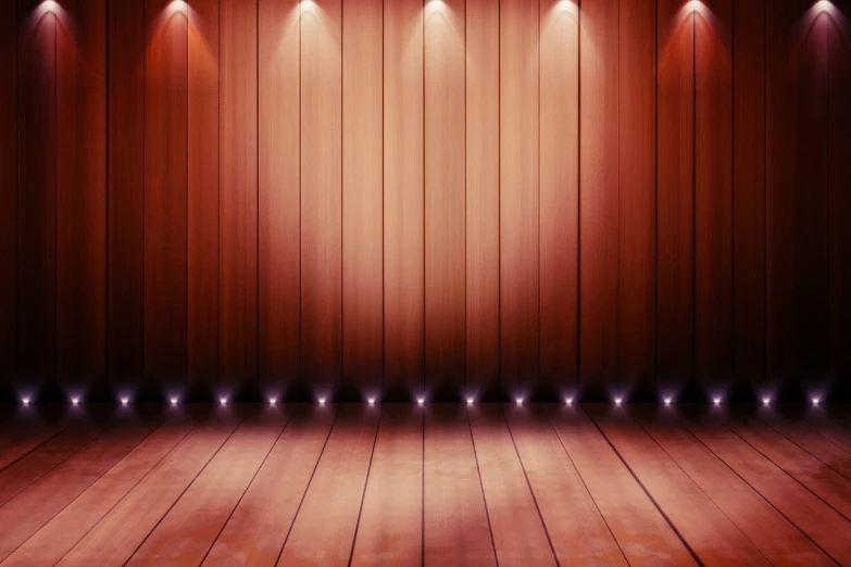an empty room with wooden floors and lights, a digital rendering, by Morris Kestelman, shutterstock, redwood background, advanced stage lighting, wood paneling, reddish lighting