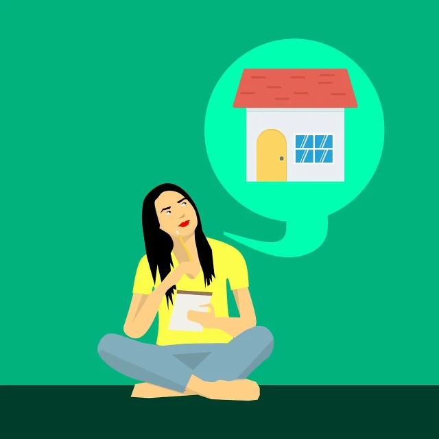 a woman sitting on the floor in front of a house, an illustration of, on simple background, thinking, marketing illustration