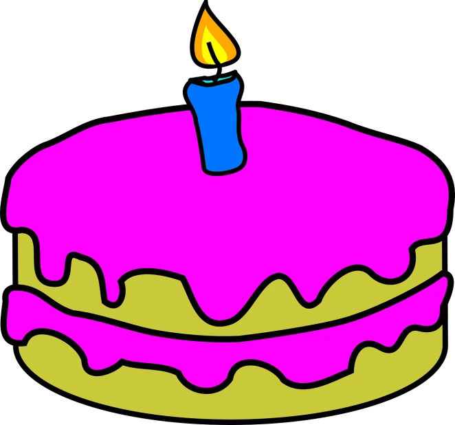 a birthday cake with a lit candle on top, by Justin Sweet, pop art, dayglo pink and blue, cartoonish and simplistic, fully colored, high res photo