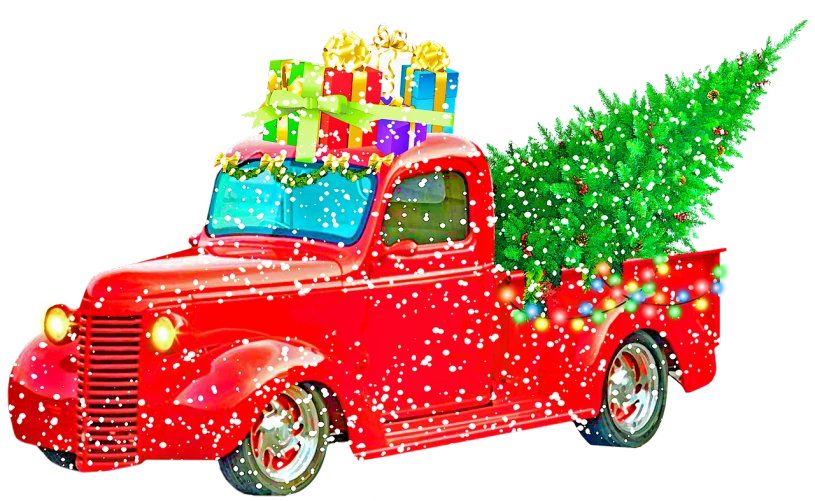 a red truck with a christmas tree in the back, a digital rendering, by Lynn Pauley, pop art, glitter gif, avatar image, background image, closeup!!!!!!