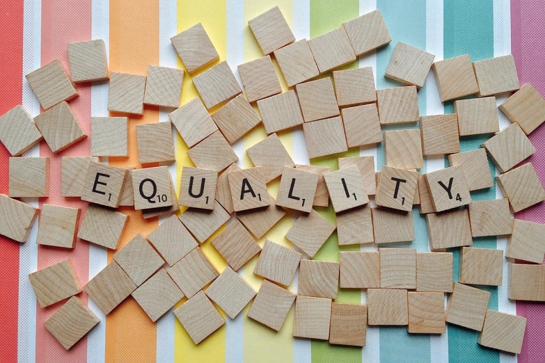 a pile of scrabbles with the word equality spelled on them, by Judith Gutierrez, pixabay, feminist art, lgbt flag, dividing it into nine quarters, 5 0 s, cardboard