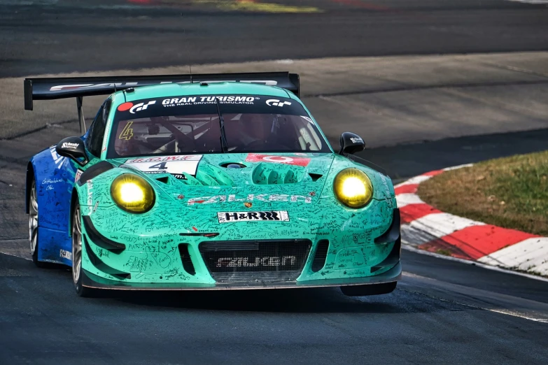 a green sports car driving on a race track, a portrait, by Jakob Gauermann, flickr, renaissance, james gurney and andreas rocha, porsche rsr, highly intricate in technicolor, helmet is off