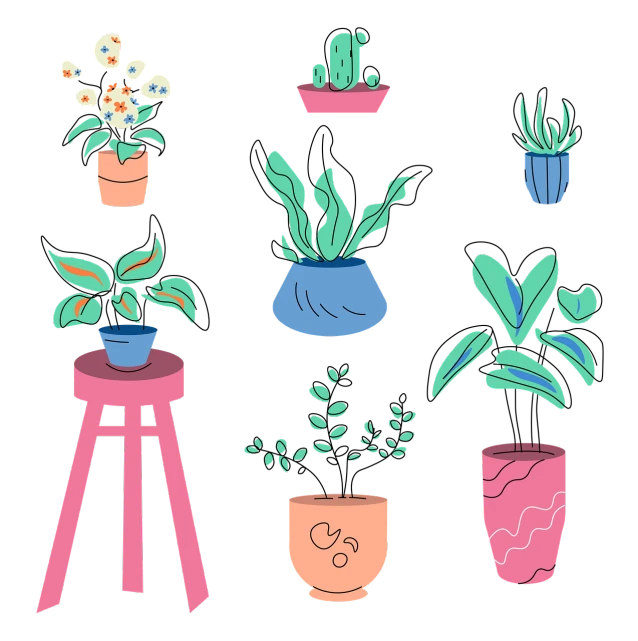 a variety of potted plants on a stool, vector art, maximalism, on a black background, pink and blue colors, small plants on the window sill, bioluminescent plants