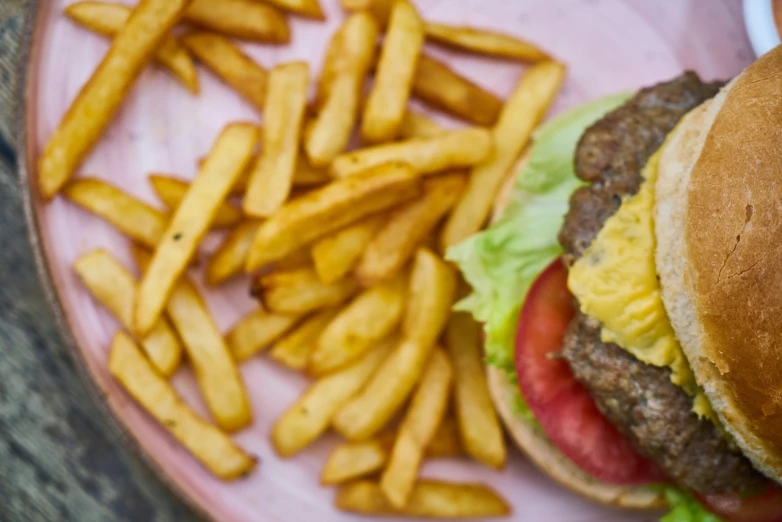 a hamburger and french fries on a pink plate, by Dietmar Damerau, pexels, cuba, mango, recipe, round-cropped