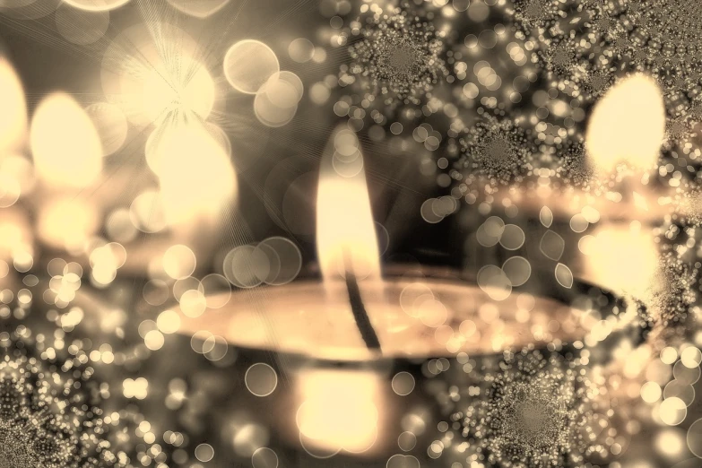 a lit candle sitting on top of a table, a photo, digital art, bokeh photo, sepia, sparkles all around, closeup photo