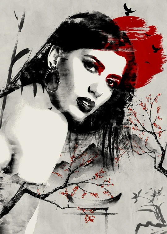 a painting of a woman with a red hat, vector art, inspired by Torii Kiyonobu I, art photography, mixed media style illustration, black and white artistic photo, portrait of priyanka chopra, blossom