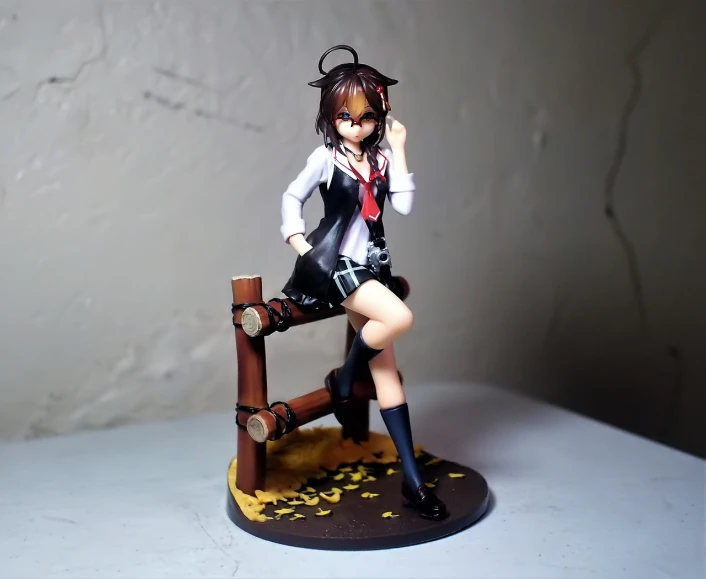 a figurine of a woman sitting on a bench, by Jin Homura, pixiv contest winner, haruhi suzumiya, standing on a desk, taken with a canon dslr camera, girl wearing uniform