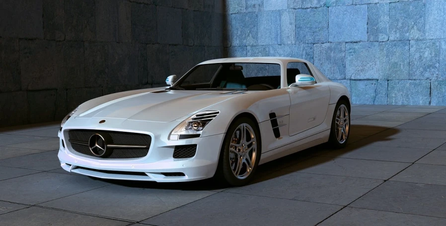 a white sports car parked in front of a wall, a 3D render, inspired by Harry Haenigsen, shutterstock, mercedez benz, modern very sharp photo