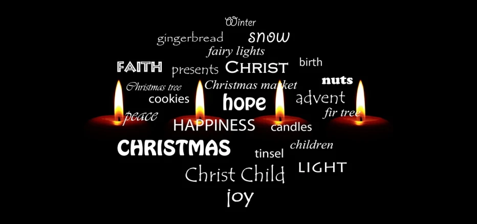 a group of three candles sitting next to each other, a photo, pixabay, words, christmas, in front of a black background, christopher